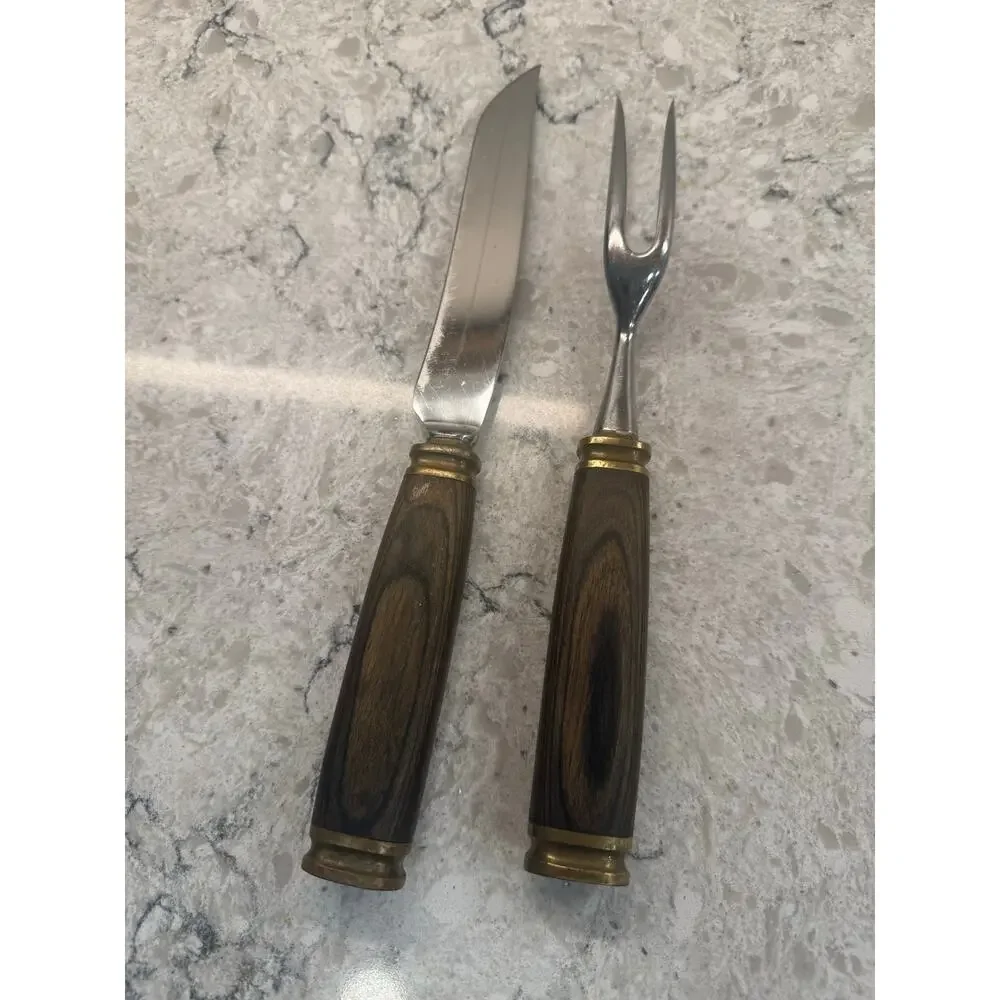 Vintage Carver Set Dark Wood Handles and Brass Bolster Initials 